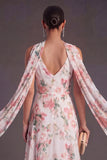 Purple Floral A Line V Neck Long Wedding Guest Dress with Neck Scarf