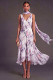 Purple Floral A Line V Neck Long Wedding Guest Dress with Neck Scarf