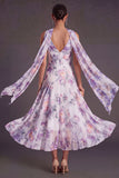 Purple Floral A Line V Neck Long Wedding Guest Dress with Neck Scarf
