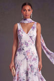 Purple Floral A Line V Neck Long Wedding Guest Dress with Neck Scarf