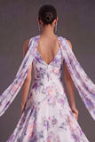 Purple Floral A Line V Neck Long Wedding Guest Dress with Neck Scarf