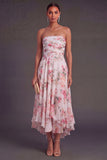 High Low Pink Floral A Line Ruffled Wedding Guest Dress