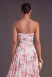 High Low Pink Floral A Line Ruffled Wedding Guest Dress