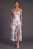 A Line Orange Floral Spaghetti Straps Ruffled Long Wedding Guest Dress with Slit