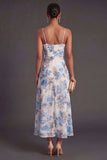 A Line Orange Floral Spaghetti Straps Ruffled Long Wedding Guest Dress with Slit