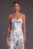 A Line Orange Floral Spaghetti Straps Ruffled Long Wedding Guest Dress with Slit