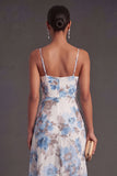 A Line Orange Floral Spaghetti Straps Ruffled Long Wedding Guest Dress with Slit