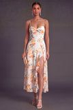 A Line Orange Floral Spaghetti Straps Ruffled Long Wedding Guest Dress with Slit