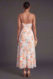 A Line Orange Floral Spaghetti Straps Ruffled Long Wedding Guest Dress with Slit