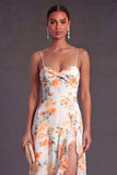 A Line Orange Floral Spaghetti Straps Ruffled Long Wedding Guest Dress with Slit