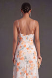 A Line Orange Floral Spaghetti Straps Ruffled Long Wedding Guest Dress with Slit