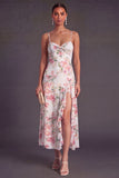 A Line Orange Floral Spaghetti Straps Ruffled Long Wedding Guest Dress with Slit