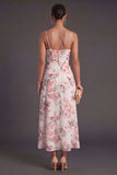 A Line Orange Floral Spaghetti Straps Ruffled Long Wedding Guest Dress with Slit