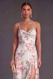 A Line Orange Floral Spaghetti Straps Ruffled Long Wedding Guest Dress with Slit