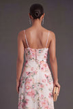 A Line Orange Floral Spaghetti Straps Ruffled Long Wedding Guest Dress with Slit