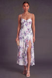 A Line Orange Floral Spaghetti Straps Ruffled Long Wedding Guest Dress with Slit