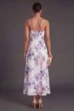 A Line Orange Floral Spaghetti Straps Ruffled Long Wedding Guest Dress with Slit