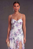 A Line Orange Floral Spaghetti Straps Ruffled Long Wedding Guest Dress with Slit