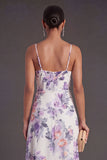 A Line Orange Floral Spaghetti Straps Ruffled Long Wedding Guest Dress with Slit