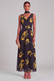 Black Yellow Floral V-Neck A-Line Polka Dot Long Wedding Guest Dress with Neck Scarf