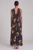 Black Yellow Floral V-Neck A-Line Polka Dot Long Wedding Guest Dress with Neck Scarf