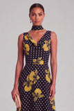 Black Yellow Floral V-Neck A-Line Polka Dot Long Wedding Guest Dress with Neck Scarf