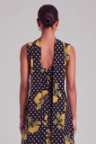 Black Yellow Floral V-Neck A-Line Polka Dot Long Wedding Guest Dress with Neck Scarf
