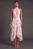 Pink Floral A Line Halter Neck High Low Wedding Guest Dress