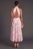 Pink Floral A Line Halter Neck High Low Wedding Guest Dress
