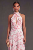 Pink Floral A Line Halter Neck High Low Wedding Guest Dress