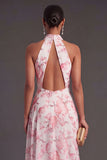 Pink Floral A Line Halter Neck High Low Wedding Guest Dress