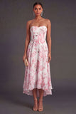 Strapless Floral Pink A Line High Low Wedding Guest Dress