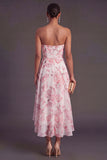 Strapless Floral Pink A Line High Low Wedding Guest Dress