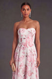 Strapless Floral Pink A Line High Low Wedding Guest Dress