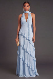 Blue A Line Halter Neck Tiered Ruffled Long Wedding Guest Dress