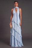 Blue A Line Halter Neck Tiered Ruffled Long Wedding Guest Dress