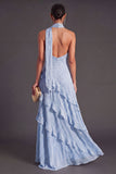 Blue A Line Halter Neck Tiered Ruffled Long Wedding Guest Dress