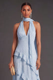 Blue A Line Halter Neck Tiered Ruffled Long Wedding Guest Dress
