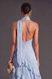 Blue A Line Halter Neck Tiered Ruffled Long Wedding Guest Dress