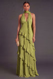 Blue A Line Halter Neck Tiered Ruffled Long Wedding Guest Dress