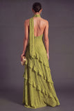 Blue A Line Halter Neck Tiered Ruffled Long Wedding Guest Dress
