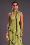 Blue A Line Halter Neck Tiered Ruffled Long Wedding Guest Dress