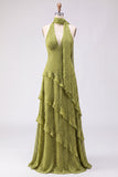 Blue A Line Halter Neck Tiered Ruffled Long Wedding Guest Dress