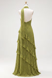 Blue A Line Halter Neck Tiered Ruffled Long Wedding Guest Dress