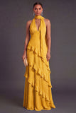 Blue A Line Halter Neck Tiered Ruffled Long Wedding Guest Dress
