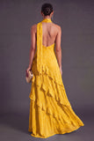 Blue A Line Halter Neck Tiered Ruffled Long Wedding Guest Dress