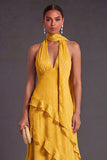 Blue A Line Halter Neck Tiered Ruffled Long Wedding Guest Dress