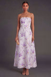 Lilac Floral A Line Strapless Long Wedding Guest Dress