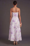 Lilac Floral A Line Strapless Long Wedding Guest Dress