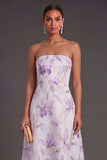 Lilac Floral A Line Strapless Long Wedding Guest Dress